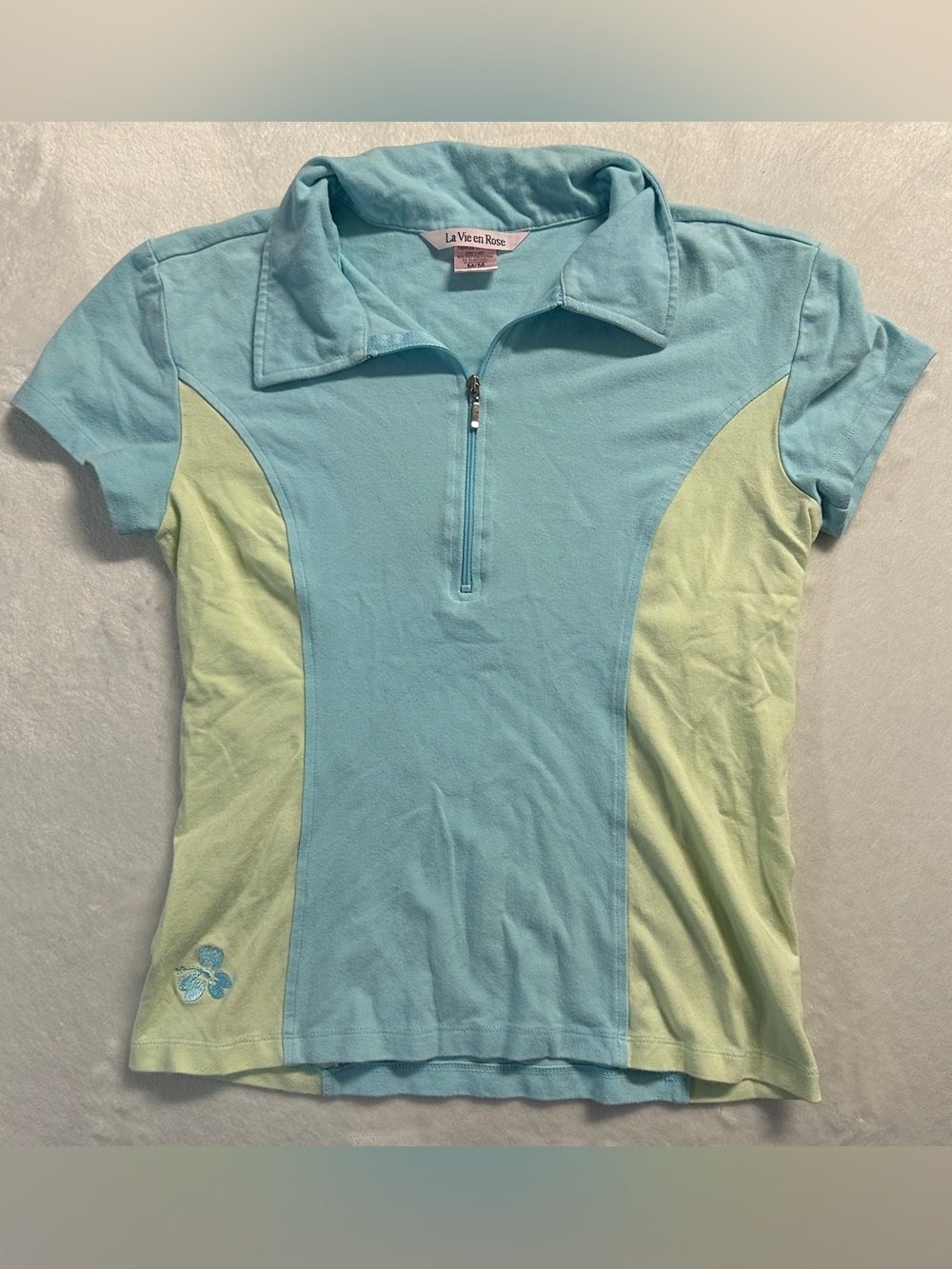 Y2K LA VIE EN ROSE women's light blue green colour block polo top, M.